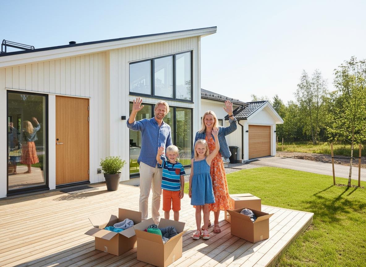 Glad familj vid sitt nya hem – Fixarflytt gör flytten smidig och stressfri